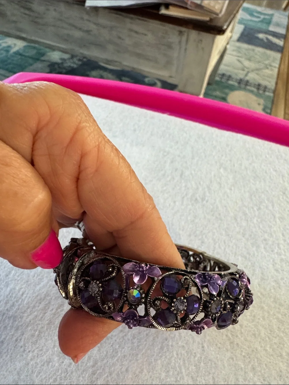 Purple Crystal Floral Stretch Bracelet - Women's Accessories